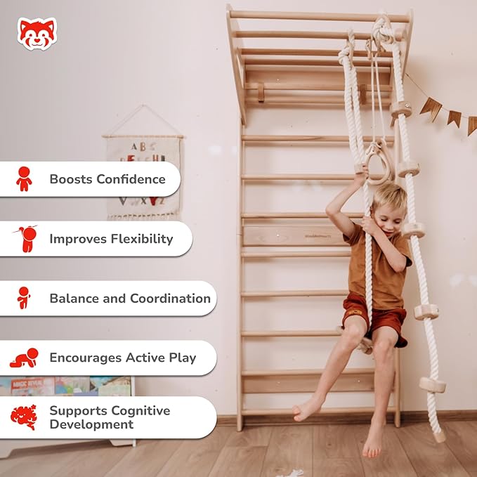 Woodandhearts Swedish Ladder for Kids with Rope Accessories - Indoor Jungle Gym, Indoor Jungle Gym for Kids Ages 3-16, Indoor Climbing Gym (Swedish Ladder of 2 Parts(Natural Wood Color))