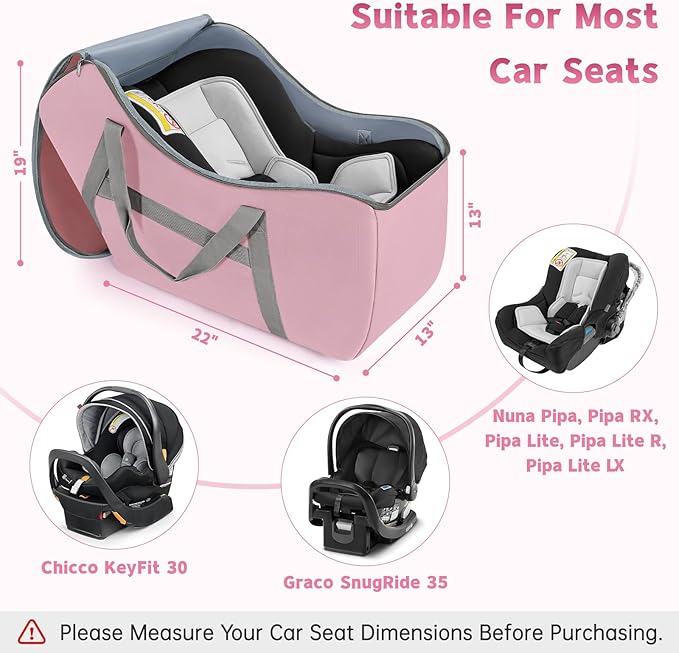 Padded Car Seat Bag Compatible with Most Nuna Pipa Car Seats UPPAbaby MESA V2 without Base & Chicco KeyFit 30 and Base, Car Seat Travel Bag for Airplanes, Pink