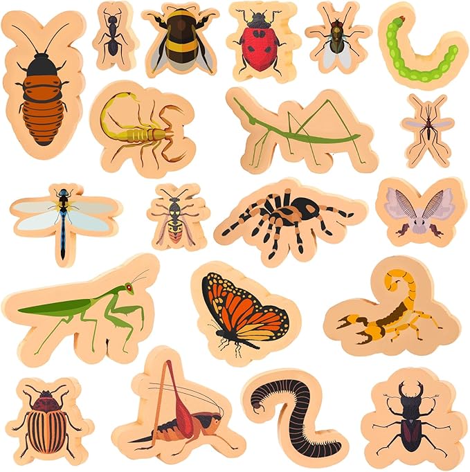 20 PCS Wood Bugs and Insect Block Toys for Kids Wooden Minibeast Blocks Natural Classroom Science Learning Toy Boys and Girls Educational Preschool Learning