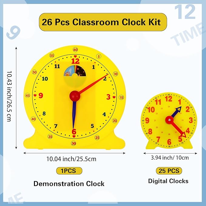 Lenwen 26 Pcs Classroom Clock Kit 24 Hours Learn to Tell Time Teaching Clock Toy for Kids Teaching Time Resources for Kids Learning Teacher Classroom Supplies (Yellow)