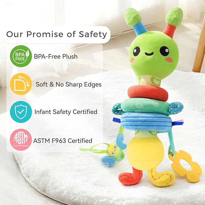 Baby Toy 0-12 Months - BPA-Free Soft Plush Sensory Toy with Gentle Squeaker, Safe Hand Grip & Teething Relief, Portable Newborn Toy for Diaper Bag, Baby Shower Gift (Green Caterpillar)