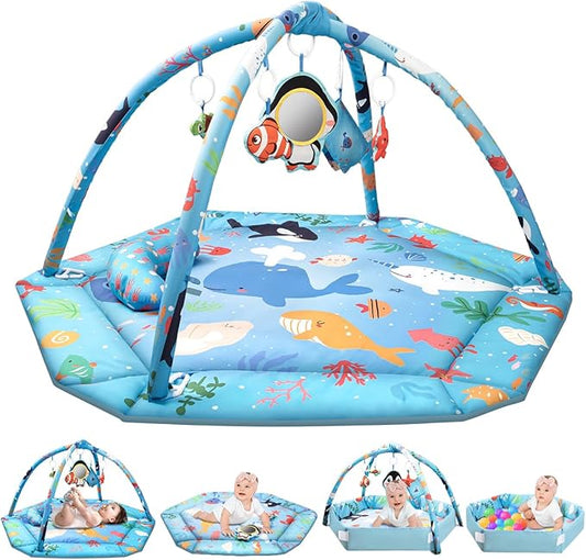 lulunemo Baby Play Mat,Tummy Time Mat with 6 Detachable Toys-Activity Gym for Visual, Auditory & Motor Development-Washable Baby Activity Mat for 0-12 Month Infants(Ocean)