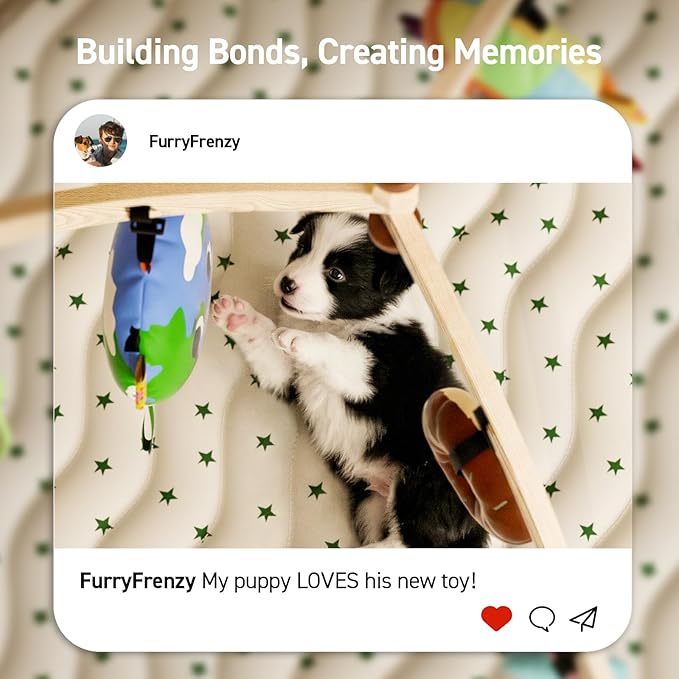 QDAN Puppy Play Gym, Wooden Frame with 6 Hanging Puppy Toys, Adjustable Straps, Puppy Enrichment Toys to Keep Them Busy