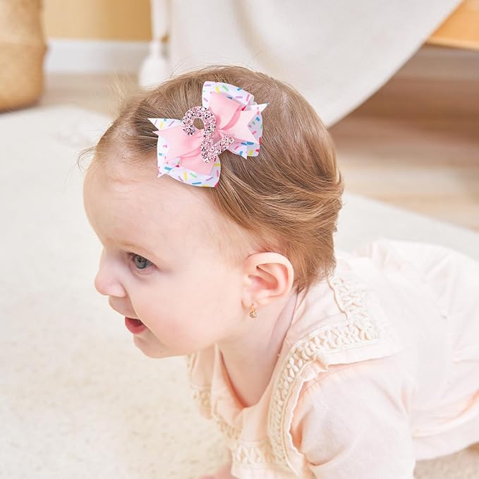 Birthday Hair Bow Hair Clips for Girls 1 2 3 4 5 6 Years, Baby Girl Accessories Bow Birthday Decorations, Pink Baby Girls Ice Cream Hair Bows Clips for 2nd