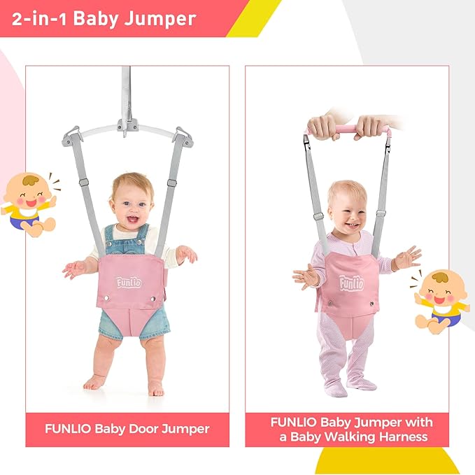 FUNLIO 2 in 1 Baby Door Jumper with Door Clamp, Baby Walking Harness for 6-24 Months, Infant Jumper Doorway with Strong Spring & Adjustable Strap, Easy to Assemble & Store - Pink