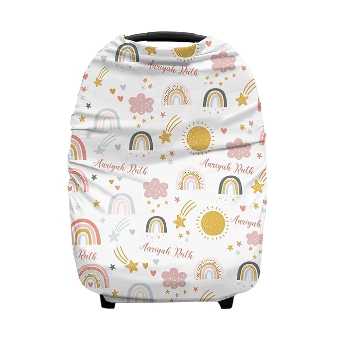 Personalized Baby Car Seat Cover for Girls, Custom Nursing Covers with Name, Colorful Rainbow, Universal Fit, Cotton, Linen, Water Resistant