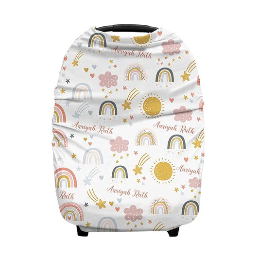 Personalized Baby Car Seat Cover for Girls, Custom Nursing Covers with Name, Colorful Rainbow, Universal Fit, Cotton, Linen, Water Resistant