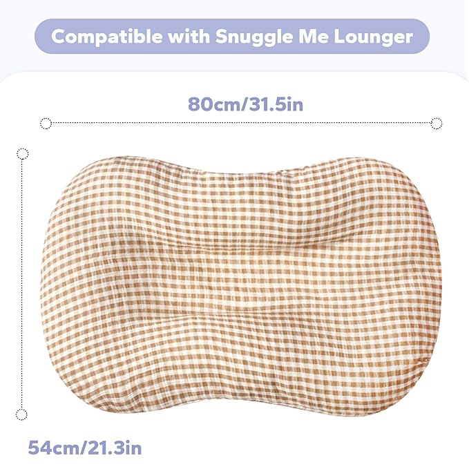 FUNUPUP Muslin Baby Lounger Cover Compatible with Snuggle Me Lounger, Infant Pillow Cover for Newborn, Removable Nest Slipcover for Boys and Girls, Only Cover, Beige and Plaid