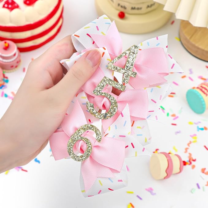 YanJie 1pcs 4'' Baby Hair Bow for 6 Years Old 6th Birthday Outfit Girl Birthday Decorations for Girl Glitter Infants Hair Clips Accessories with Bows