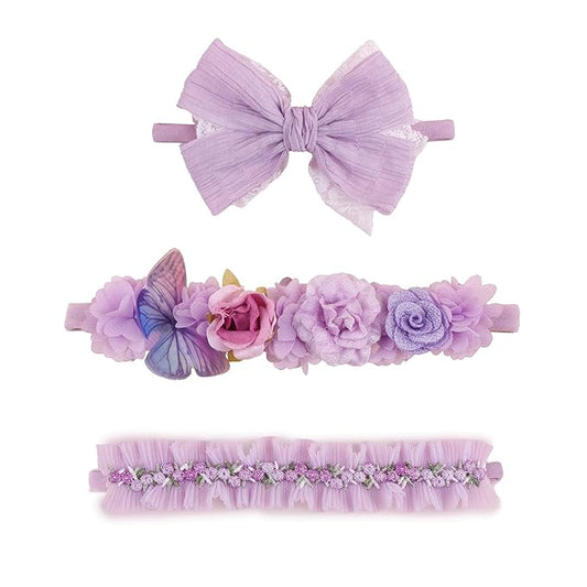 Baby Girl Flower Headbands and Bows, Stretchy Soft Nylon Floral Crown, 3pcs Handmade Hair Accessories for Newborn Infant Toddler