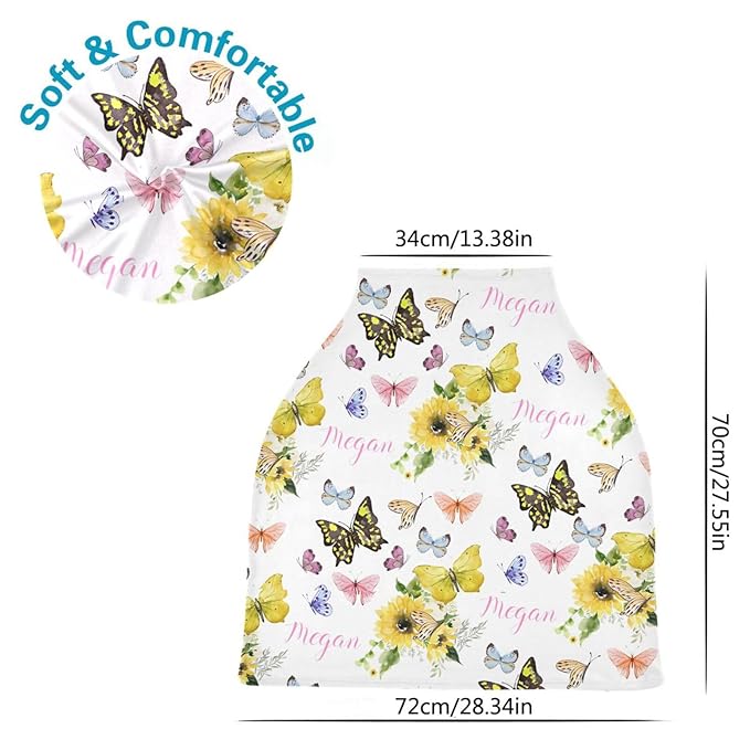 Personalized Baby Car Seat Cover for Girls, Custom Nursing Covers with Name, Sunflower Butterfly Pattern, Universal Fit, Water Resistant, Linen, Cotton
