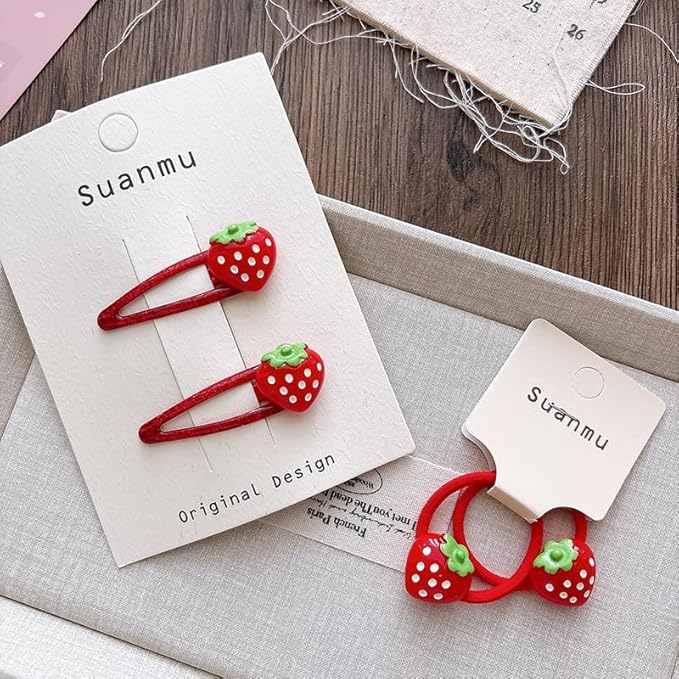 Strawberry Snap Clips Baby Girls Fruit Hair Bow Clips Strawberry Hair Ring Tie BBW24 (4 Pcs-A4)