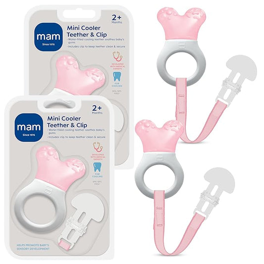 MAM Mini Cooler Baby Teether with Clip (2 Pack) – Cooling Teething Rings for Teething Relief, Lightweight Easy-Grip Design, Reaches Back Teeth, Refrigerator Safe Infant Teething Toy