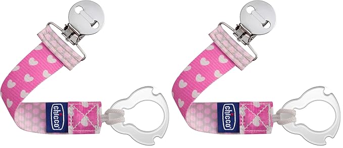 Chicco Two-in-One Pacifier Clip with Loop and Ring Attachments | Loop for Teethers and Small Toys | Ring Included for Knob-Style Pacifiers | Secure Clasp is Gentle on Clothing | Pink (Pack of 2)