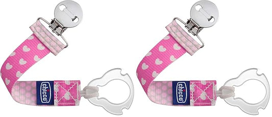 Chicco Two-in-One Pacifier Clip with Loop and Ring Attachments | Loop for Teethers and Small Toys | Ring Included for Knob-Style Pacifiers | Secure Clasp is Gentle on Clothing | Pink (Pack of 2)