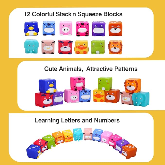 Soft Baby Blocks – Stacking & Building Toys for Babies and Toddlers –12 Pcs No Hole Squeeze Animal Blocks – Sensory Teething Toys for Infant 6 Months+