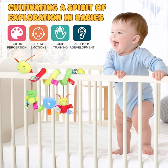 SEWACC Crib Hanging Rattles Toy Stroller Activity Toy with Ringing Bell Cartoon Insect Spiral Hanging Toys Crib Bed Around Rattle Bell for Infants Bed Stroller Car
