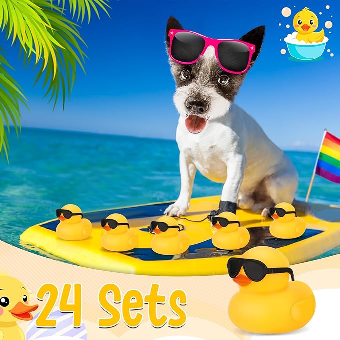 24 Set Mini Rubber Ducks with Sunglasses, Tiny Rubber Ducks Bulk for Car Dashboard Decorations Cruise Birthday Party Favors (Yellow)