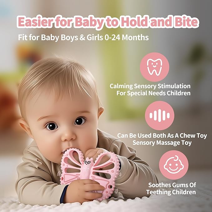Vibrating Teether for Baby - Chewy Sensory Toy for Teething & Autism, 10-Speed Vibration Modes, USB Rechargeable, Food Grade Silicone Teether for Sensory Seekers(Pink)
