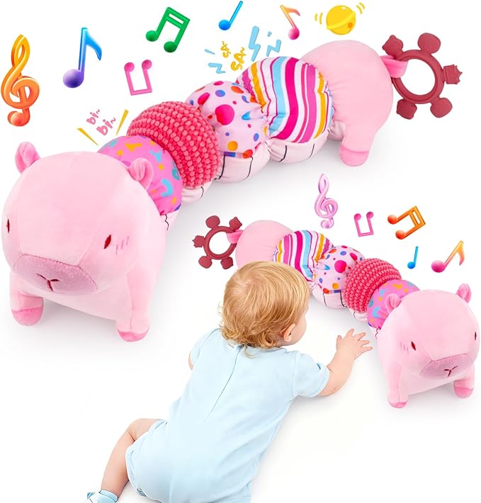 Baby Toys 0-12 Months, Infant Musical Caterpillar Baby Stuffed Animals with Crinkle, Rattle, Squeaker & Teether, Capybara Plush Sensory Baby Toy for Tummy & Soothing Newborn Gifts