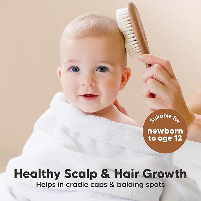 Wooden Baby Hair Brush for Toddler Girls, Boys - Cradle Cap Brush for Babies, Soft Goat Bristles, Perfect Gentle Scalp Newborn Comb for Infant, Girls, Boys, Bath Essentials(Dark Walnut, Regular)