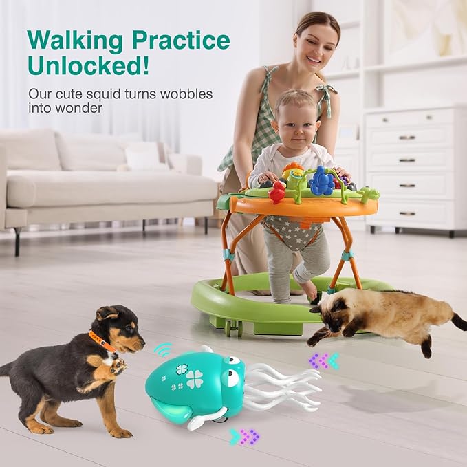 Dancing Squid Baby Toy, Crawling Octopus Squid Tummy Time Toy, Rechargeable Magic Dancing Music & LED Octopus for 3 4 5 6 Year Old Kids Boy Girl Birthday Gifts, Funny Squid for Floor Games (Green)