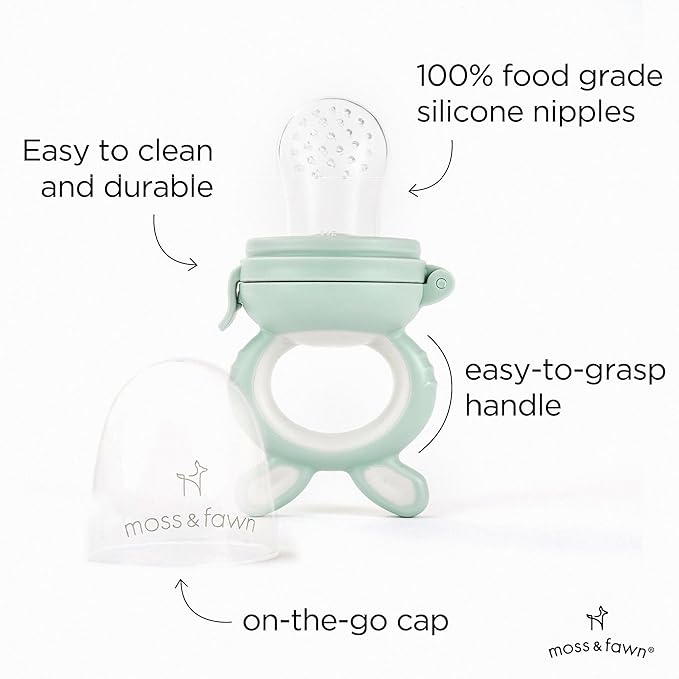Moss and Fawn Little Explorer Kit - Silicone Frozen Breast Milk Popsicle Kit with Forage Feeder, Teething Popsicle Ice Cube Tray, & Gather & Roll Baby Feeding Bib - BPA, PVC, & Lead-Free - Fern