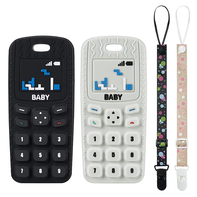 Aolso Baby Teether Toys, 2PCS Silicone Baby Teething Toys Phone Shape with 2PCS Pacifier Clip, Soft Teething Toys for Toddlers,Boys Girls Baby Chew Toys,Teethers for Babies 0-6 Months（Beige & Black）