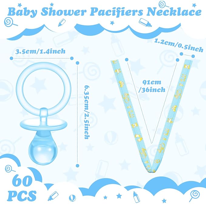 Junkin 60 Pieces Baby Shower Pacifiers Necklace Acrylic Pacifiers Necklace Charm for Girls Boys Baby Shower Party Favors Decorations, Boy Style(Blue, Gold)