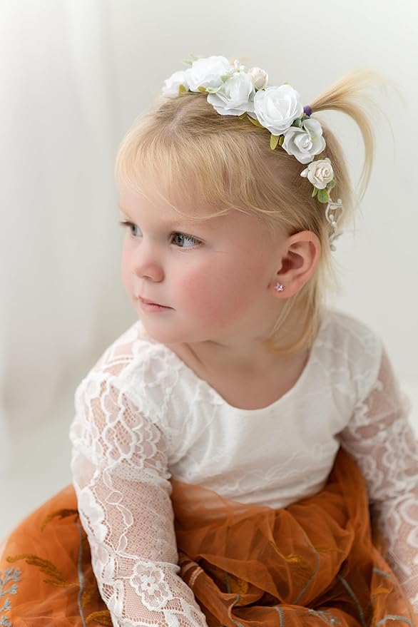 White Flower Crown for Girls Floral Headpieces Kids Headband Wedding Halo Festivals Hair Pieces Boho Rose Children Hair Wreath Photo Prop (Bright White-Child Size)