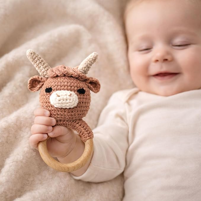 Wooden Baby Rattle for Boys and Girls, Crochet Stuffed Animal for Newborn, 3 4 5 6 Month Toys, Highland Cow