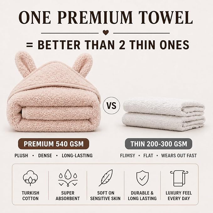 Turkish Organic Cotton Hooded Towels - Heritage Aegean Cotton, Organic Thick Bath Towels for Newborn, Best New Born Baby Girls Gift (Cozy Bunny, 30×30” — Petite Newborn Fit (0–12 Months))