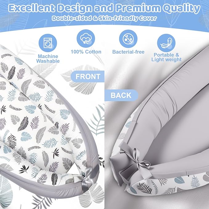 Baby Lounger, Baby Lounger for Newborn 0-24 Months, Premium Soft & Breathable Infant Lounger, Pure Cotton Baby Nest for Boys & Girls, Portable Newborn Lounger for Travel and Home.
