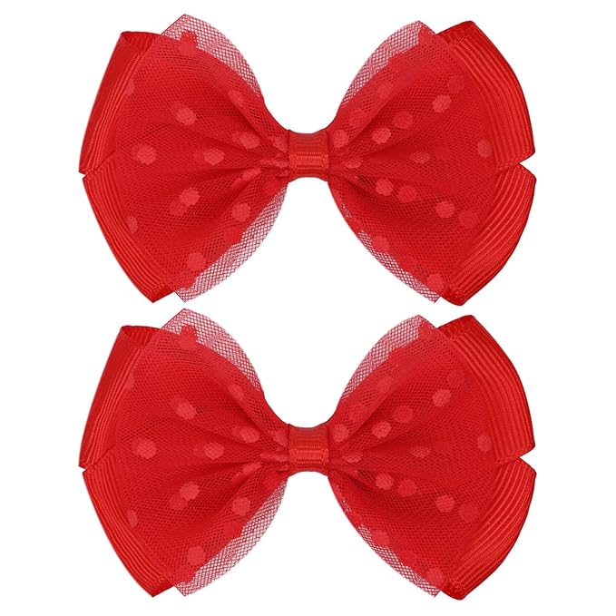 Tiny 3 Inch Dot Organza Double Hair Bow Clips - Cute Lined Boutique Alligator Hairpin for Girls, Toddlers, and Little Teens - Kids Barrettes Set of 2 Small Stylish (Red)
