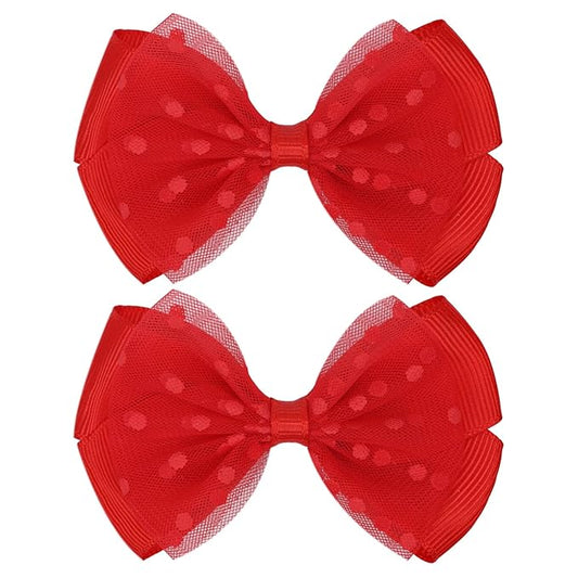 Tiny 3 Inch Dot Organza Double Hair Bow Clips - Cute Lined Boutique Alligator Hairpin for Girls, Toddlers, and Little Teens - Kids Barrettes Set of 2 Small Stylish (Red)