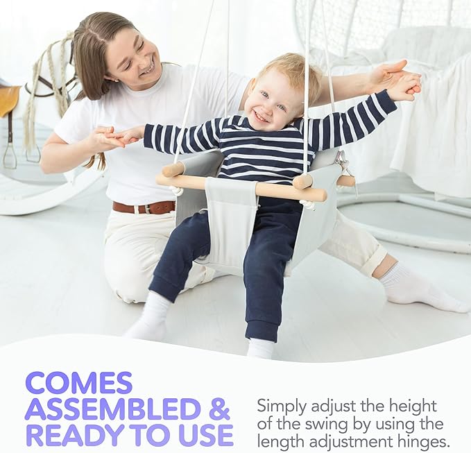 CaTeam - Canvas Baby Swing, Wooden Hanging Swing Seat Chair with Safety Belt, Durable Baby Swing Chair, Outdoor and Indoor Swing for Kids, Mounting Hardware Included, Gray