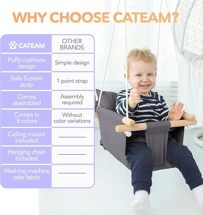 CaTeam - Canvas Baby Swing, Wooden Hanging Swing Seat Chair with Safety Belt, Durable Baby Swing Chair, Outdoor and Indoor Swing for Kids, Mounting Hardware Included, Dark Gray