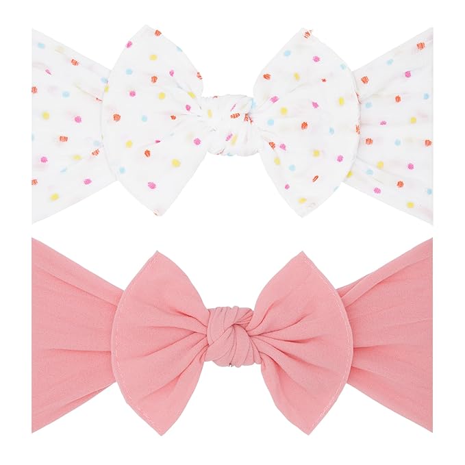 Baby Bling Bows - Newborn to Little Baby Girl Bows, 2 Pack Nylon Super Soft Stretchy Knot Toddler Headbands, Perfect Hair Accessories Head Bands for Infant Kids(White Rainbow Dot & Zinnia)