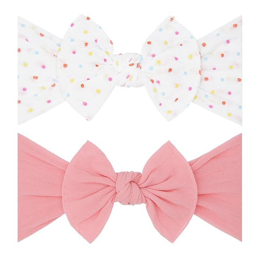 Baby Bling Bows - Newborn to Little Baby Girl Bows, 2 Pack Nylon Super Soft Stretchy Knot Toddler Headbands, Perfect Hair Accessories Head Bands for Infant Kids(White Rainbow Dot & Zinnia)