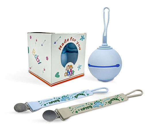 Pacifier Holder and Clip Set for Baby Boys – Blue & Gray | 2 Silicone Pacifier Clips + Storage Case | BPA-Free Holder for 0–6 Month Babies