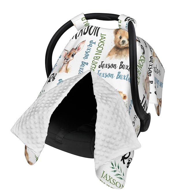 Winter Carseat Cover for Baby Personalized Woodland Baby Car Seat Cover with Name Custom Minky Car Seat Canopy Boys Girls Infant Carrier Covers Nursing Cover Toddler Blanket