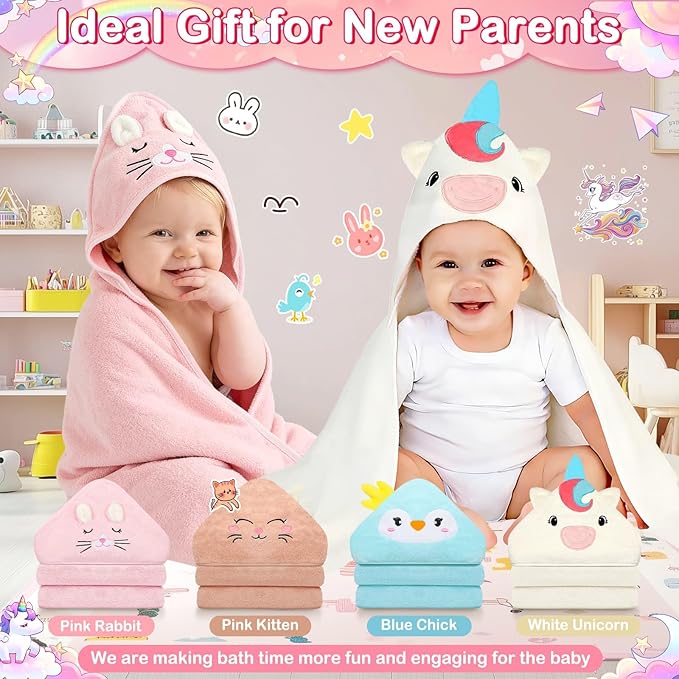 Flasoo 14 Pcs Baby Towel Set, Soft Baby Bath Towels and Washcloths Set, 4 Pcs 32x32 in Animal Hooded Bath Towel & 10 Pcs Baby Washcloths for Infants, Toddlers and Kids for Boys or Girls