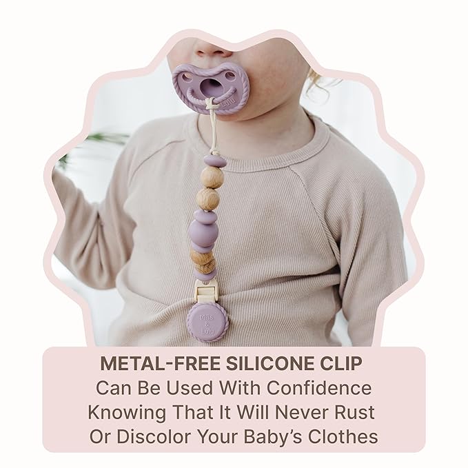 Silicone Pacifier Clip – Metal-Free, Rust-Free, 100% Food-Grade Silicone and Natural Beech Wood, Secure Pacifier Holder for Babies– Mauve - Mila & Lulu