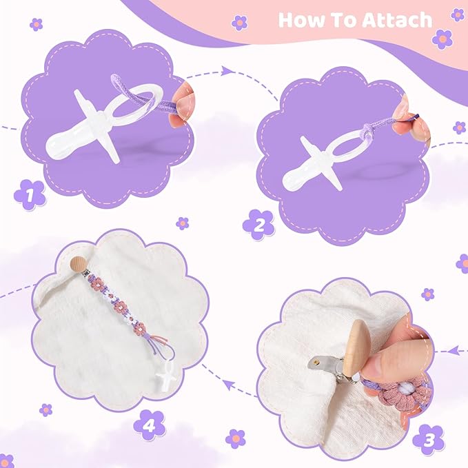 Pacifier Clip for Boys Girls Floral Daisy Macrame Baby Paci Clip Pacifier Holder Leash Boho Wooden Clips Handmade Braided Cotton Binky Clips (2pack:Lavender Style × 2)