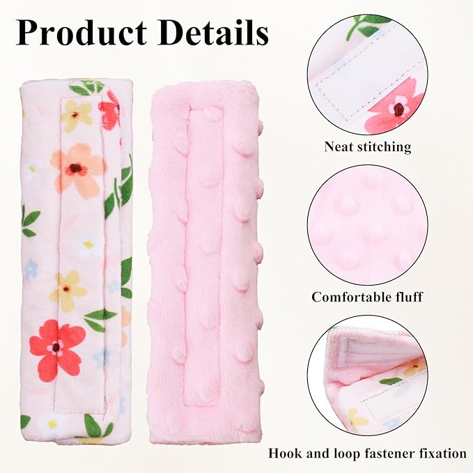 2-Pack Car Seat Strap Covers, Infant Seatbelt Covers, Velvety Soft Double-Sided Use Car Seat Shoulder Strap Pads for Infant Toddler, Colorful Flower