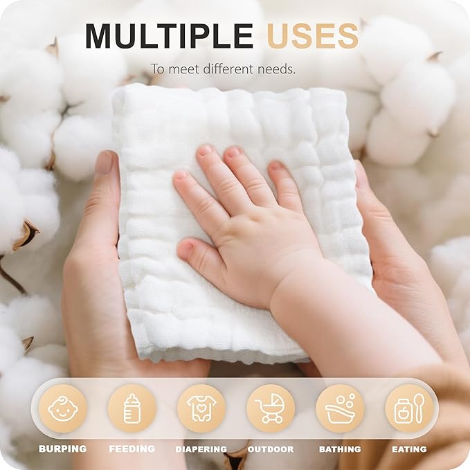 Cuddle Campus Baby Washcloths 6 Packs, Muslin Washcloths Baby,Cotton Burp Cloths, Extra Absorbent and Soft Wash Clothes for Newborns, 12x12 Inches