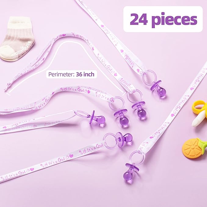 ZYFLSQ 24 Baby Shower Pacifiers Necklace，2.5 inch Acrylic Pacifier Charm Suitable for Party Favors Decorations (Purple)