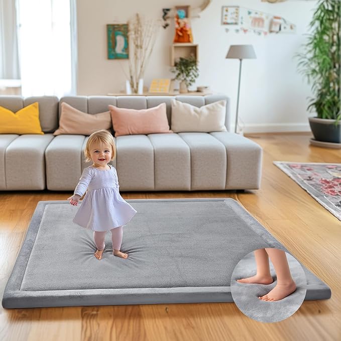 Mallify Ultra Soft 1.3" Thick Baby Play Mat for Floor, Large Velvet 50"x50" Playpen Mat, Baby-Safe & Non-Slip Tummy Time Mat, Crawling Mat for Babies, Toddlers, Infants, Kids, Easy Care,Gray