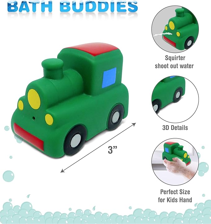 DolliBu Train Buddy Squirter Bath Toy - Floating Rubber Green Bath Time Toy Train for Toddlers, Fun Bath Toys for Bathtub, Pool, and Beach, Toddler Bath Squirt Toys for Girls and Boys