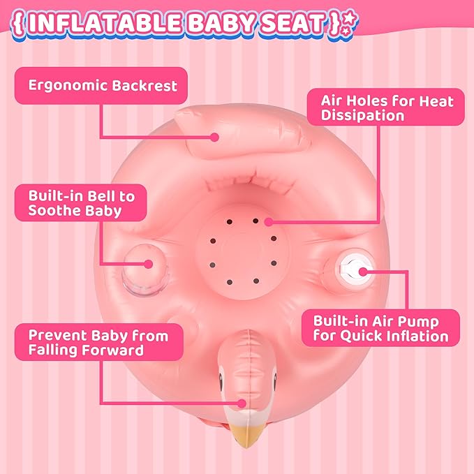 Baby Seat Inflatable Infant Floor Seat Toddler Chair Support Sitting Up Built in Air Pump with Tinkling Bells for 5-36 Months Home and Travel (Pink)